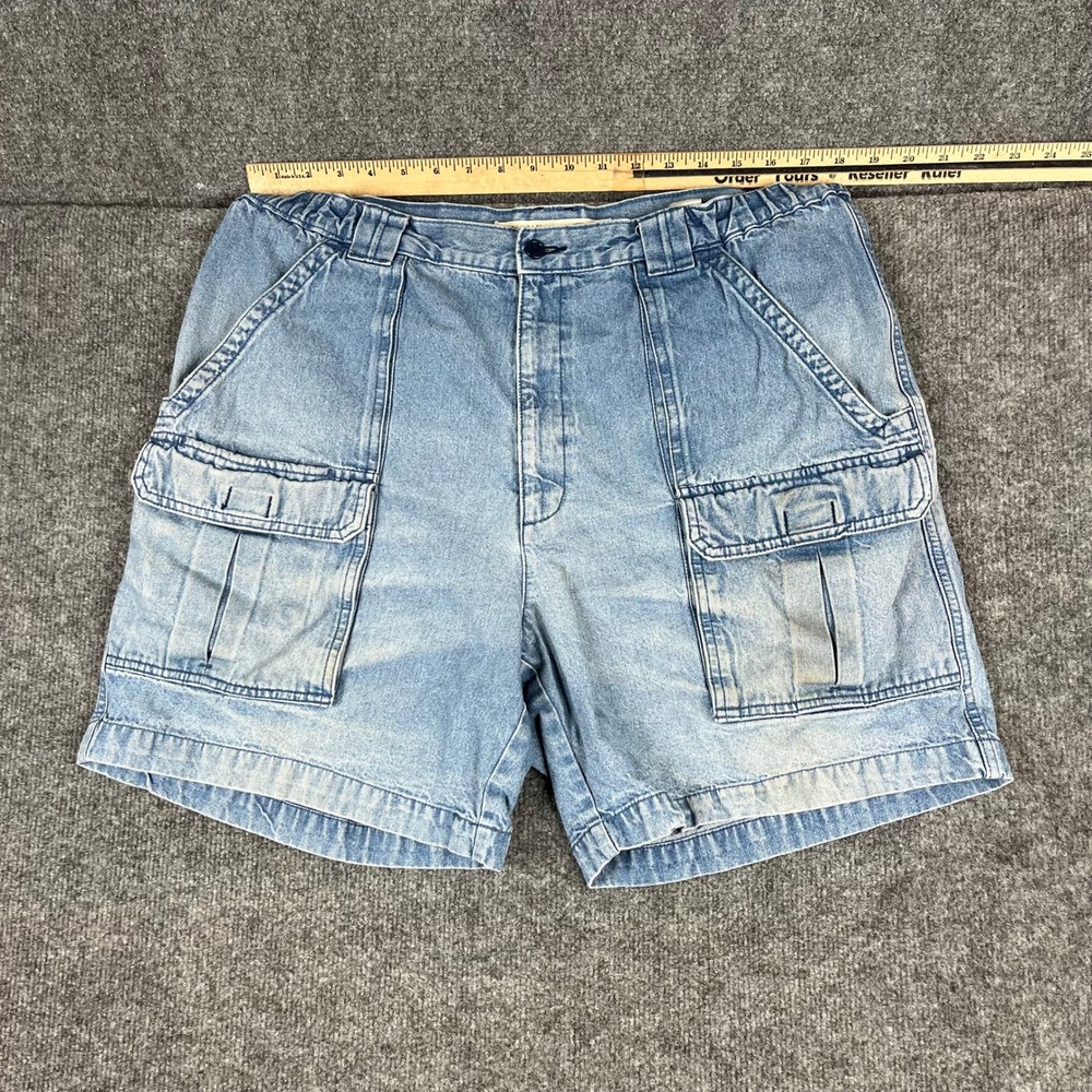 Savane Cargo Shorts Mens Size 36 Light Wash Denim Elastic Waist Utility Casual